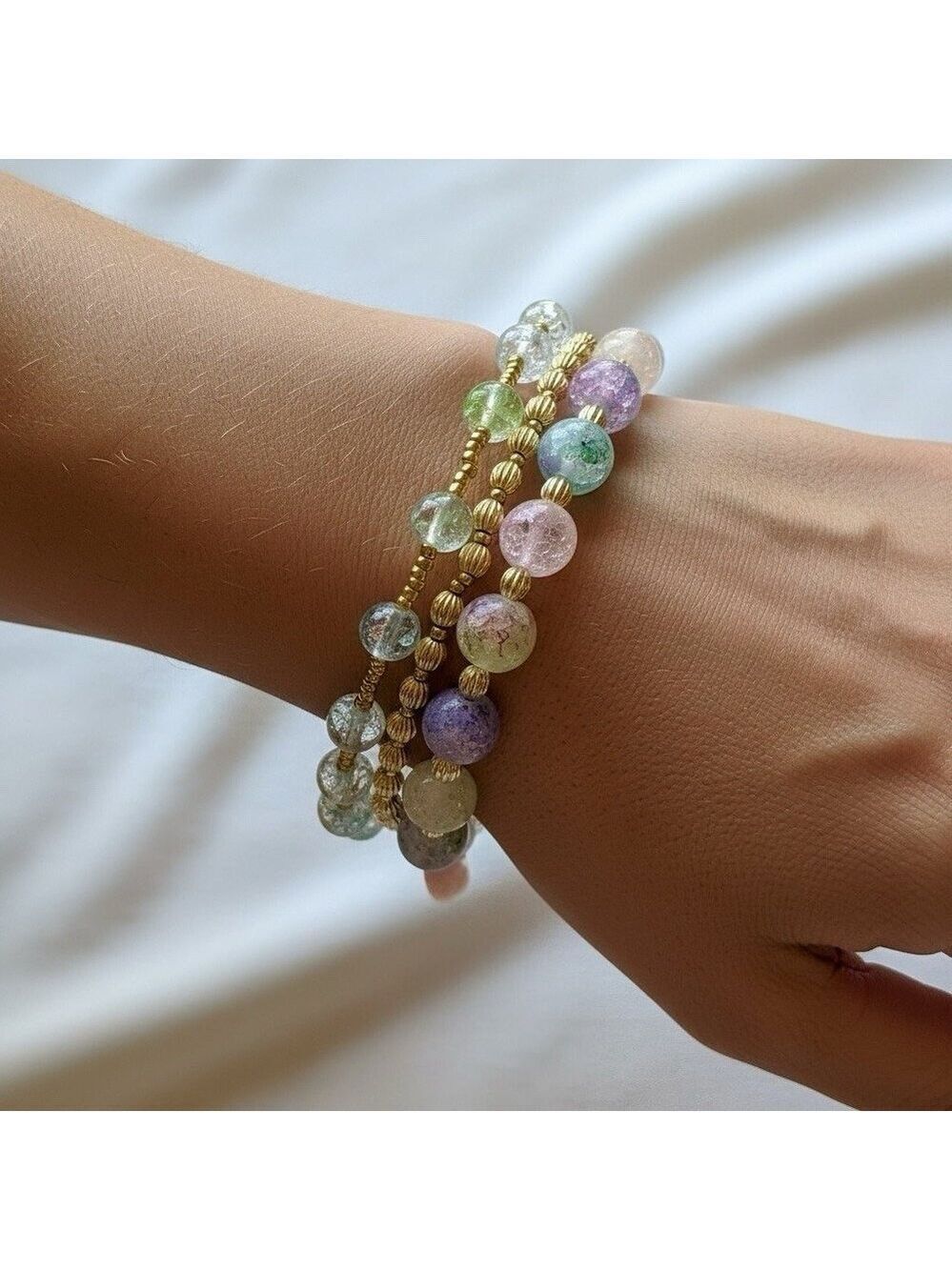 REIMAGINED Glass Crackle Bead Multi-Strand Bracelet Gold Tone Pastel Spring 7.5”
